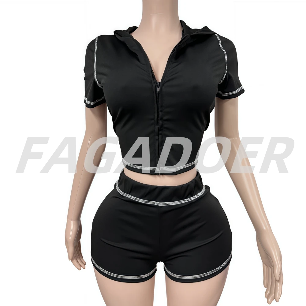 FAGADOER Casual Sporty 2 Piece Sets Woman Outfit  for Woman Solid Zip Hooded Jacket Top and Shorts Matching Suit Streetwear New