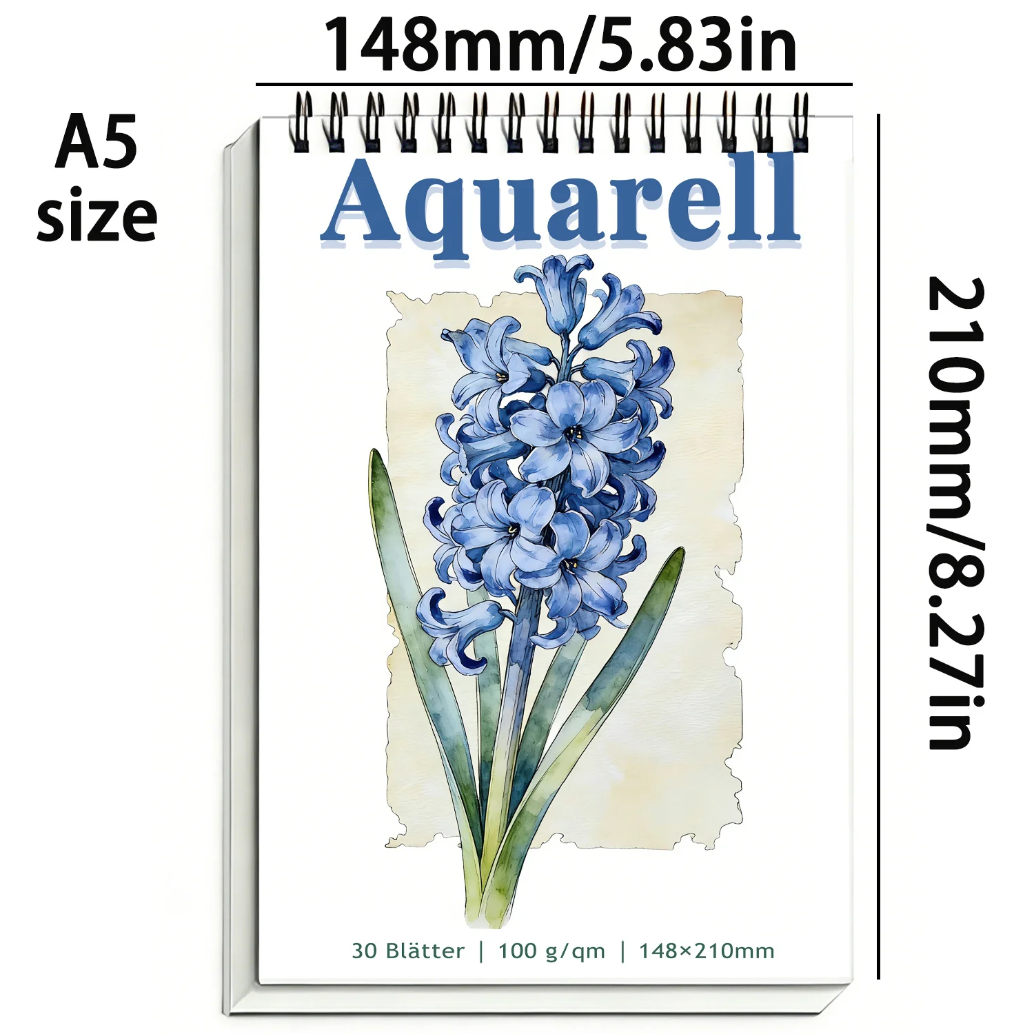 30-Sheet A5 Spiral Watercolor Sketchbook with Hyacinth Floral Cover - A5/A4 Watercolor Paper Pad & Mat Suitable for Watercolo