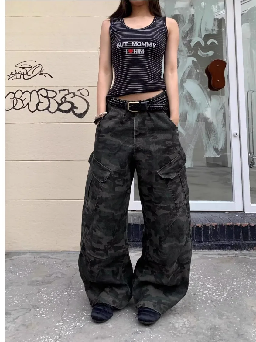 

American Retro Loose Casual Knife Camouflage Pants Large ket Street Sle ex Jeans Couple's Loose Long Trousers