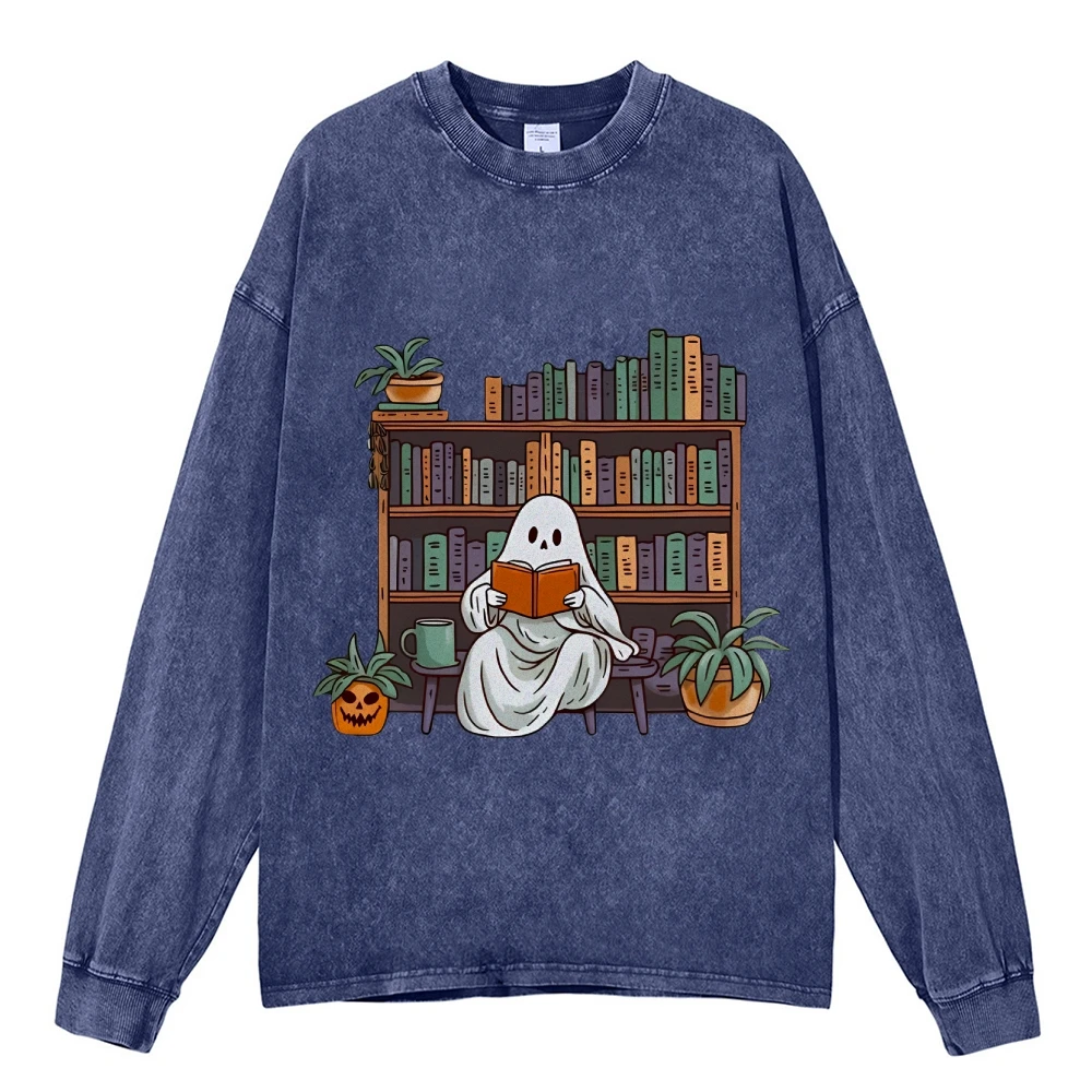 Librarian Ghost Hallowee Printed Sweatshirt Unisex Halloween Pumpkin Pullover Casual Washed Long Sleeve Women\'s Fall Clothes