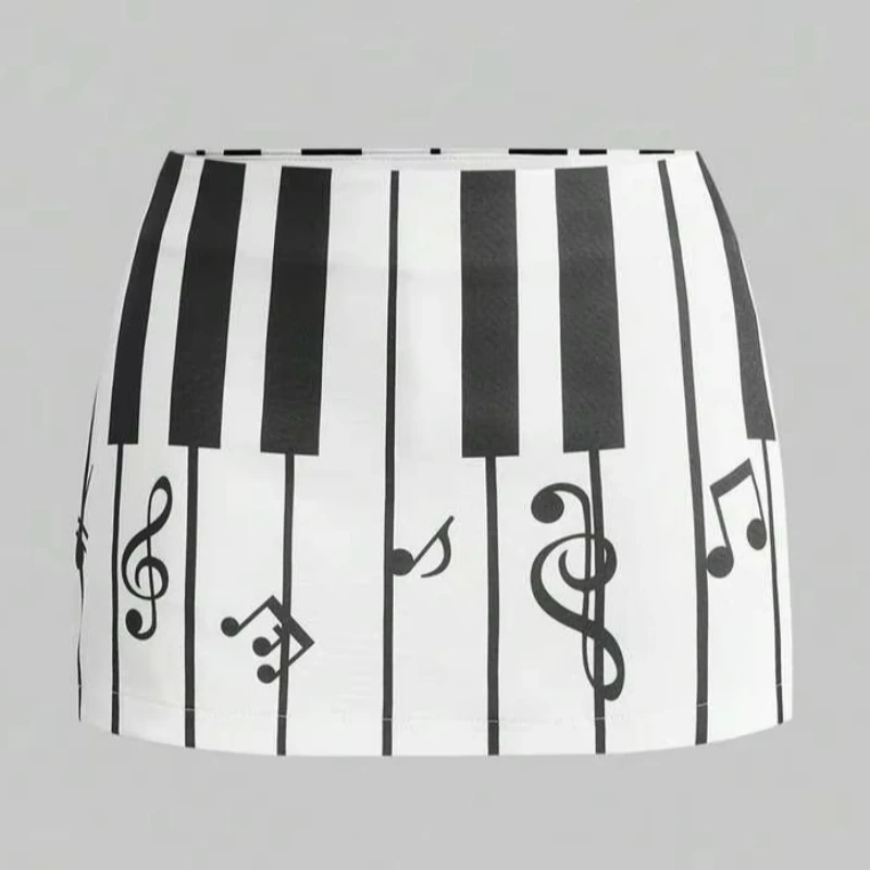Y2k American Retro Casual Black And White Piano Key Pattern Waist Slim Ruffled A-line Skirt Fashion Design Skirt Women's Dress