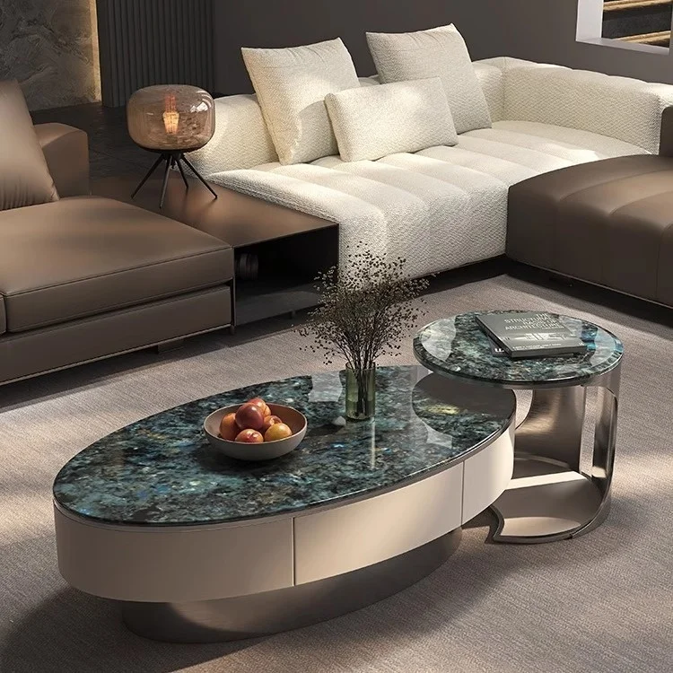 Modern Coffee Table - Stainless Steel Frame Oval Shape with Hidden Storage for Living Room Hotel Office
