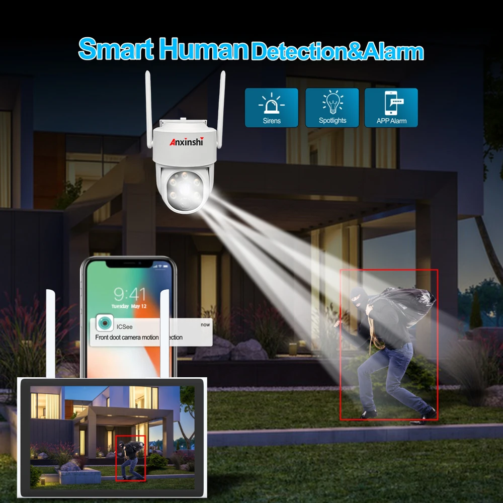 Sistem Kamera Keamanan Nirkabel Tenaga Surya Luar Ruangan Eseecloud 4MP PTZ Dome Dengan Taman