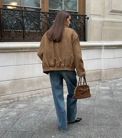 Autumn and Winter 2025 New Brown Loose Retro Fashion Casual Jacket for Women,flip Collar Fashion High Street Zipper Loose Jacket