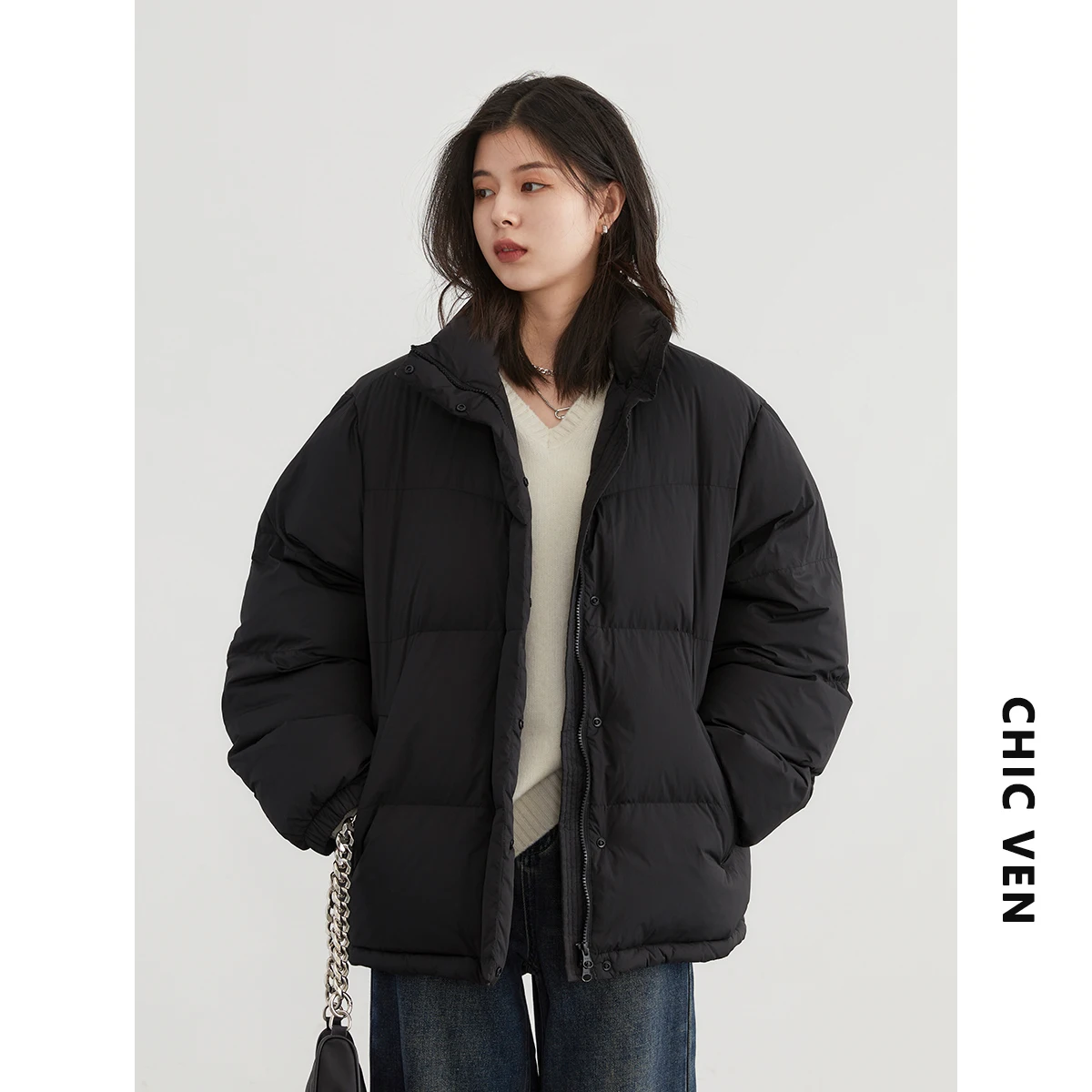 CHIC VEN Women Down Coats Loose Casual New 90% White Duck Down Jacket Stand Collar Woman Bread Coat Autumn Winter 2023