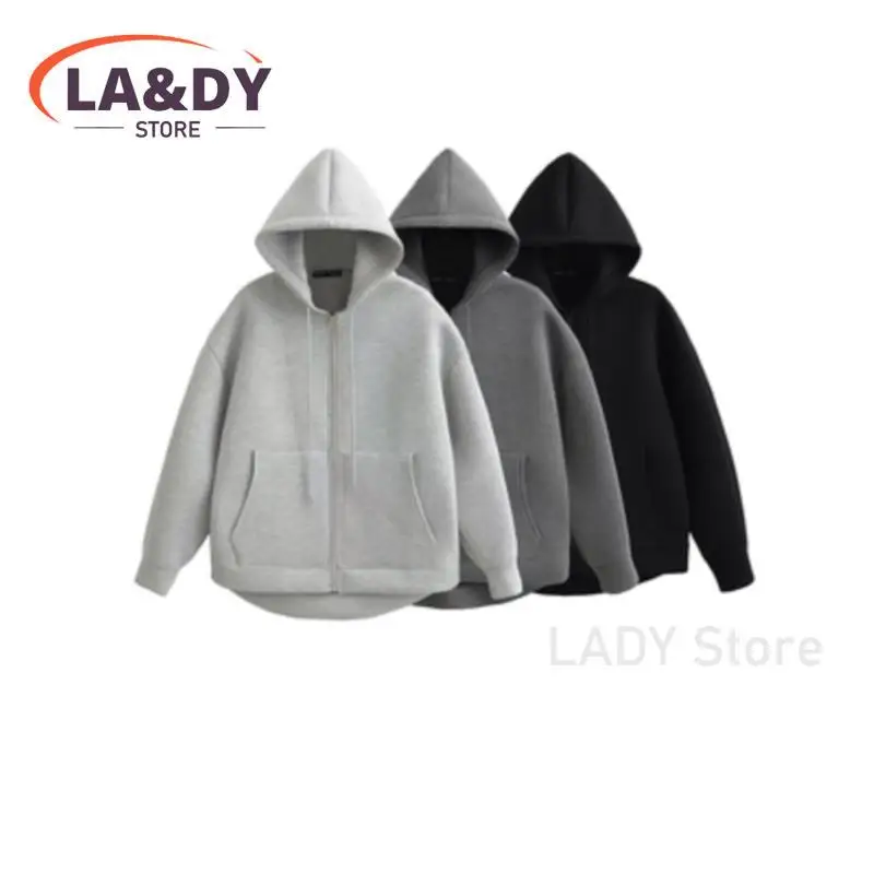 Jackets For Women 2024 Fashion Hooded Zip Loose Hoodie Coat Female Solid Color Casual Long Sleeve Pockets Outerwear Tops