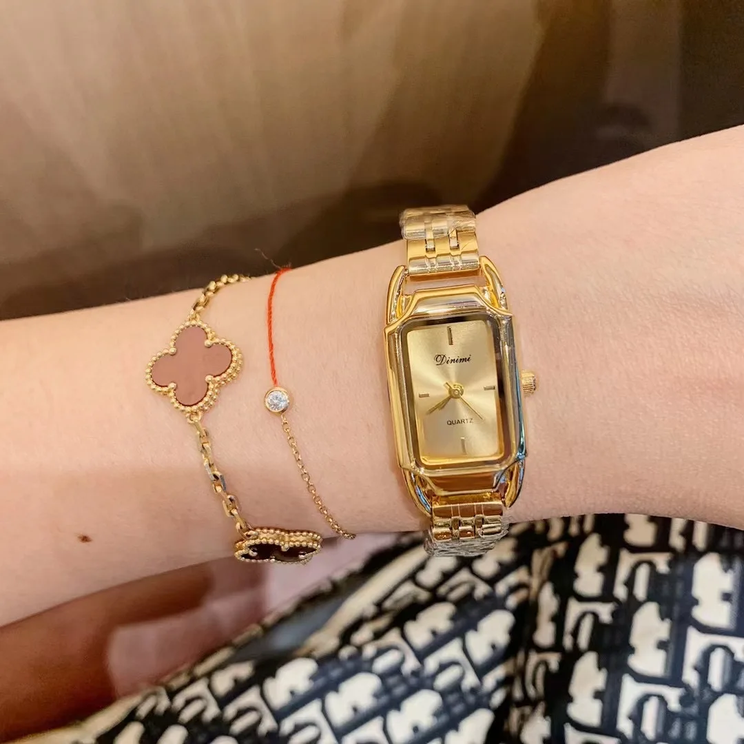 New Popular Antique Golden Bracelets Jewelry Watches for Women Alloy Rectangle Square Quartz Watch Retro Steel Leather Relogios