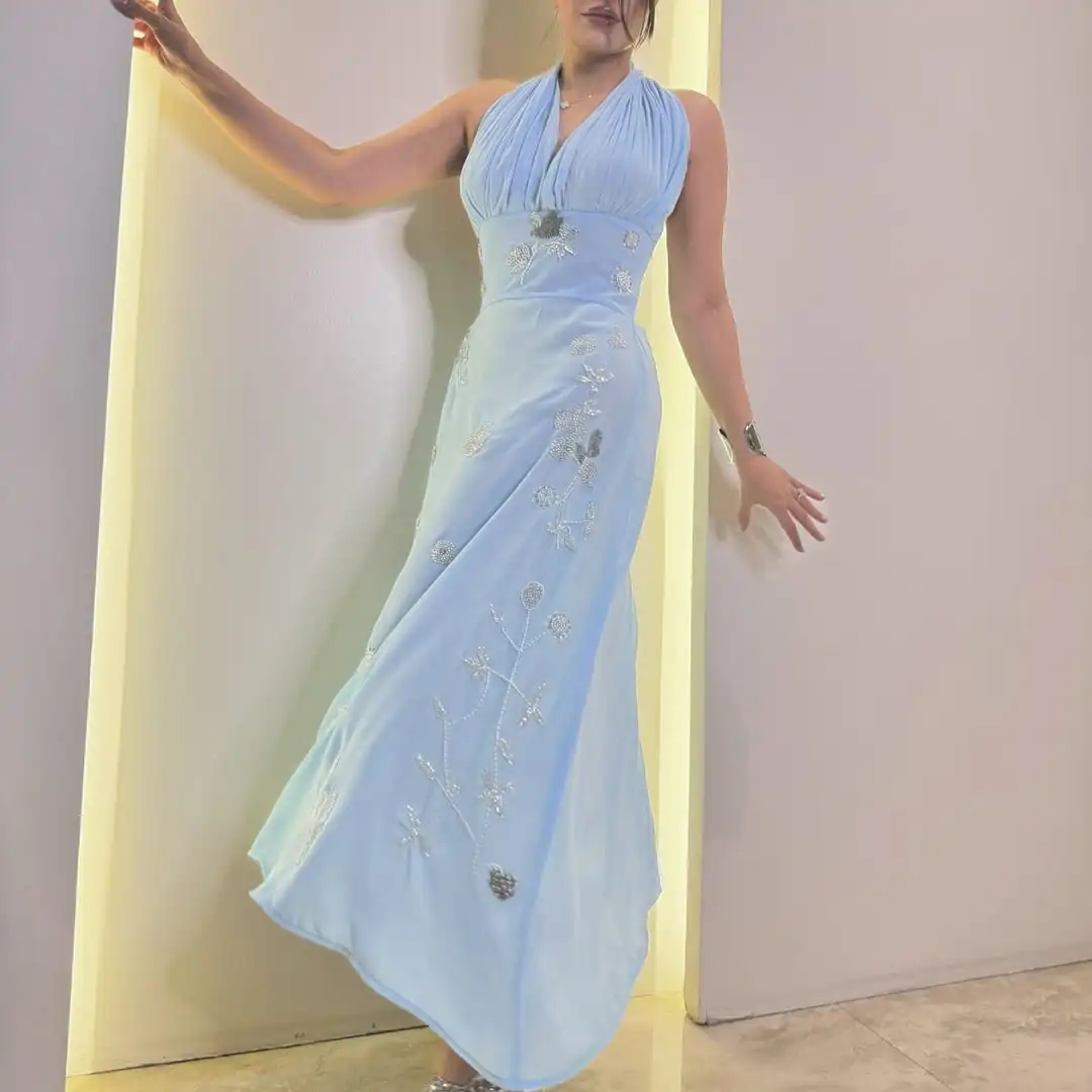 

Customized Sleeveless Prom Dresses Halter Neck Pleated Beadings Ankle Length Evening Dresses Party Dresses