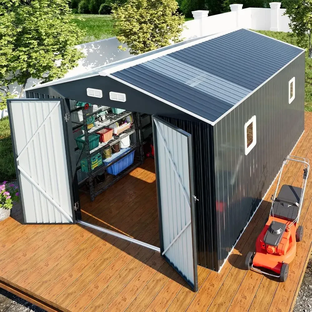 

Металлический сарай 10x12 с полом, полупрозрачными кровельными панелями, окнами, запирающейся дверью - идеально подходит для хранения на открытом воздухе в саду, на заднем дворе.