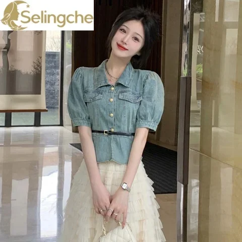 

Short Sleeved Denim Shirt for Women with a Design Sense That Is Niche. Summer 2024 New Retro Hong Kong Style Chic Bubble Sleeve