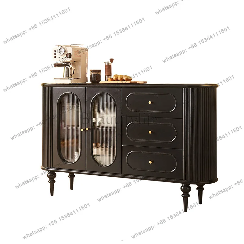 

French solid wood dining side cabinet living room retro wind shutter design black