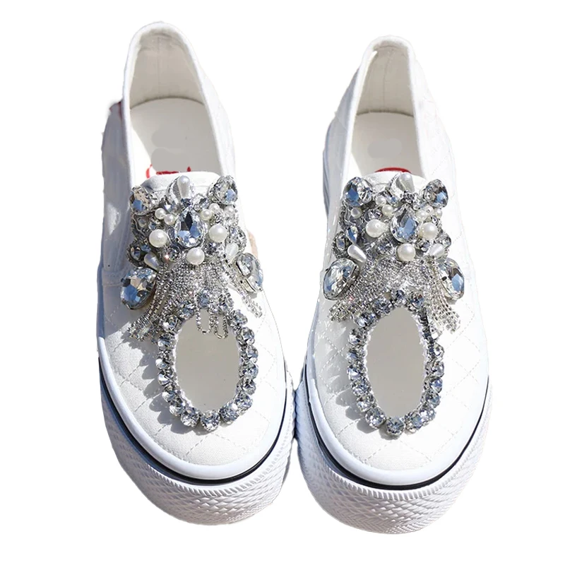 Lady Sneakers Summer Spring Crystals Tassels Bling Hole Design Cool White Black 3cm Platform Hand Sewed Women Canvas Shoes