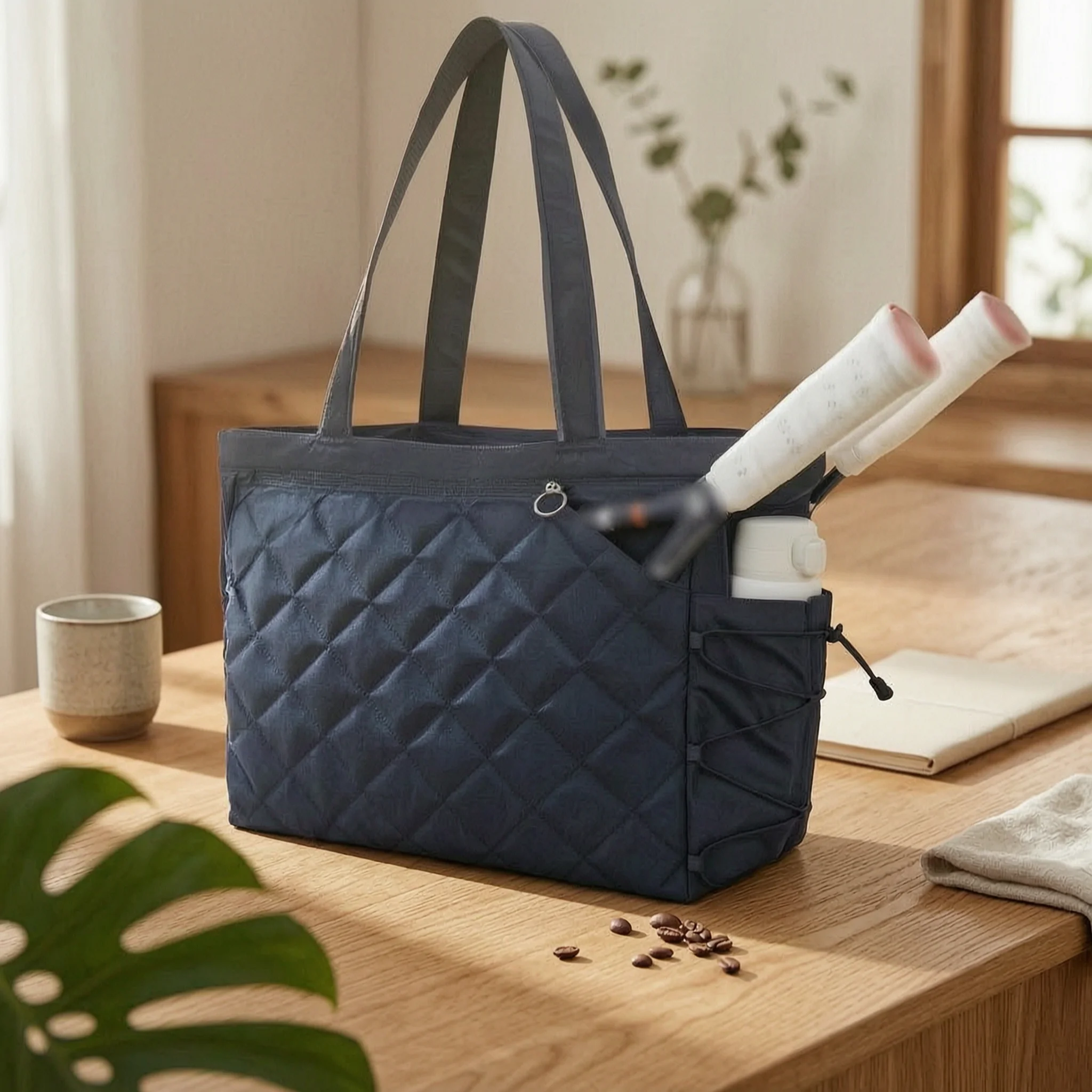 Quilted Tennis Tote Bag Shoe Compartment Tennis Tote Bag Sports Carryall Top Zip Side Pockets