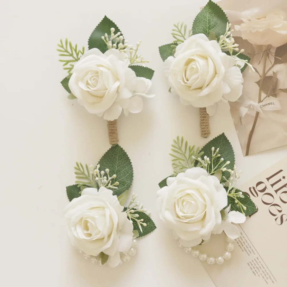 Elfenbein Rose Handgelenk Corsage Armband Band Armband und Männer Boutonniere Set für weiße Hochzeit Blumen Accessoires Prom Anzug Dekor