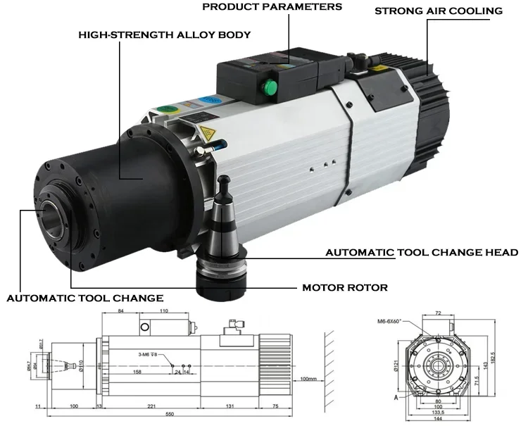 power High Performance CNC machine air-cooled 220V 380V ISO30 ER32 400Hz 9KW 6KW 11KW ATC HSK automatic engraving spindle