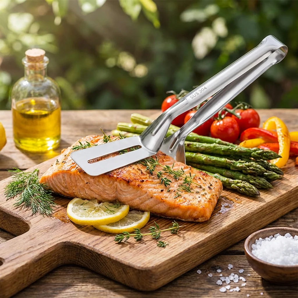 BBQ Steak & Frying Tongs, Long Handle for Safety. 26x7x4cm, Locking, Easy to Clean, Multipurpose