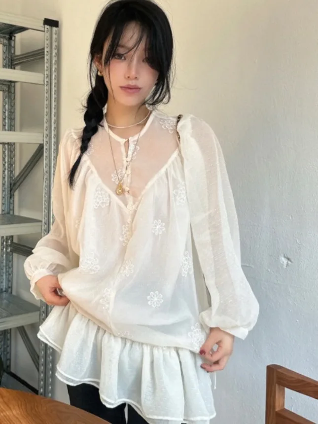 Chic Spring Gentle Wind Semi-Open Collar Embroidered Floral Pattern Dstring Blouse Svel Women's Dr Faionable