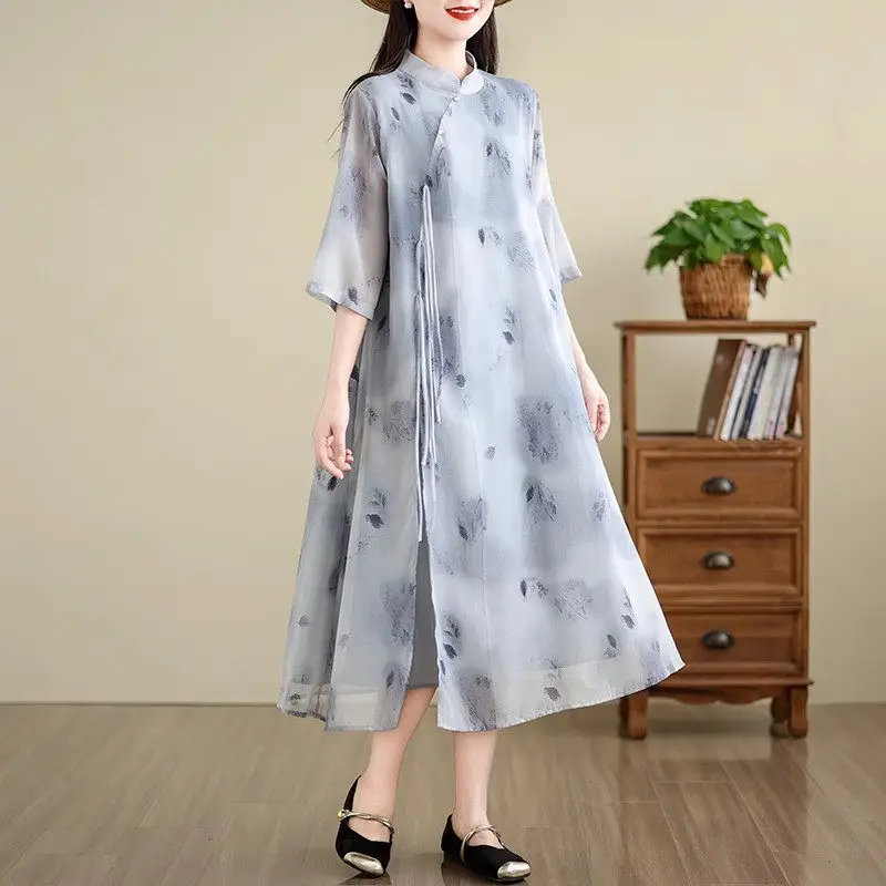 Hepburn Style Printed Qipao Dress 2025 Spring/Summer New Arrival Chinese Retro Medium Length Cheongsam Dress Eelgant G149