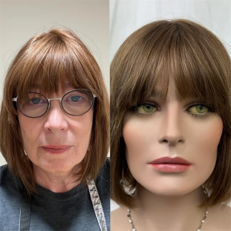 

Chocolate Brown Lace Front Wig Synthetic HD Wigs with Bangs Middle Part Wigs Free Part Wig Ready To Ship Wigs Straight Bob 10''