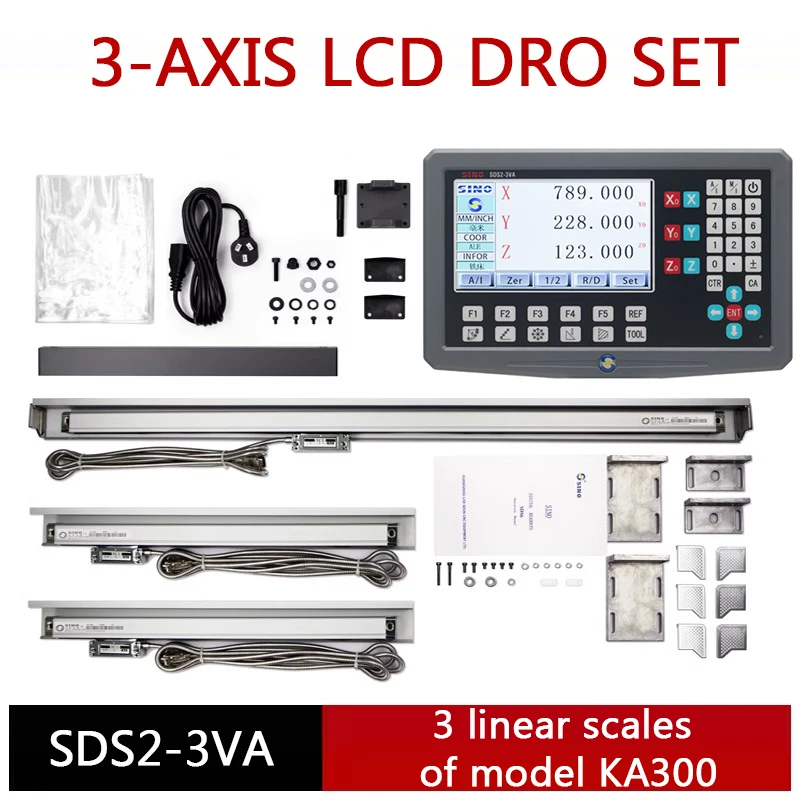 SINO 3 Axis LCD DRO Kit SDS2-3VA Digital Readout And 3 Pieces KA-300 Glass Linear Scale Encoders For Lathe Grinder Millilling