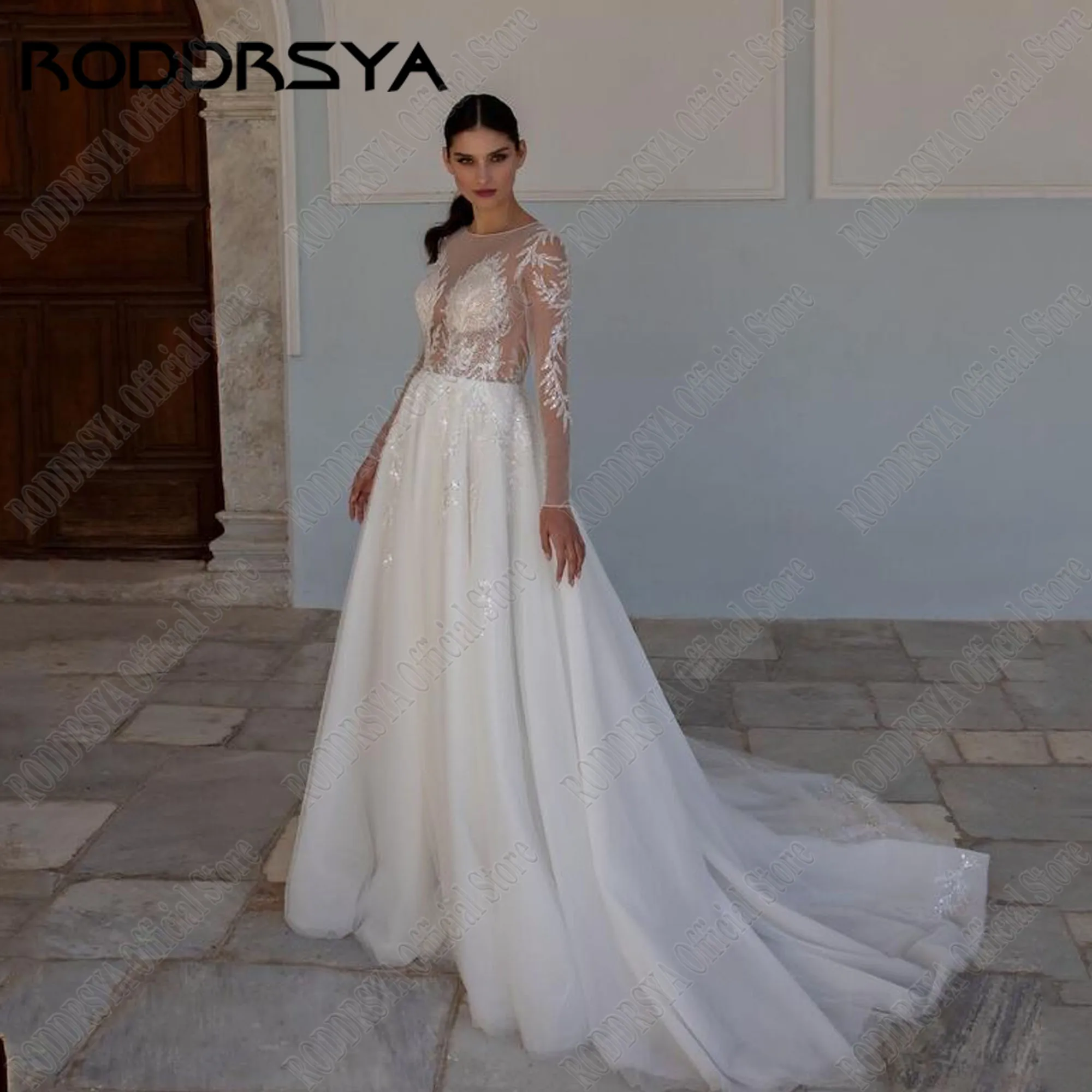 

RODDRSYA Beading Luxury Wedding Dress Women 2024 Illusion Back O-neck Long Sleeve Wedding Gown Beach Bridal Gowns Customized