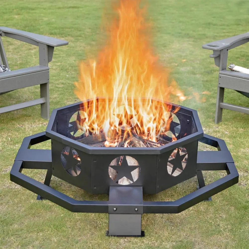 

43 Inch Octagonal Fire Pit for Outside, Outdoor Wood Burning Firepit for Bonfire Patio Backyard Camping, Black