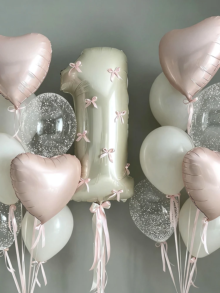 Ballons à chiffres avec nœuds roses de 32 pouces, blanc crème, Beige, ballons en aluminium, nœuds roses pour filles, Coquette d'anniversaire, décor de fête à thème