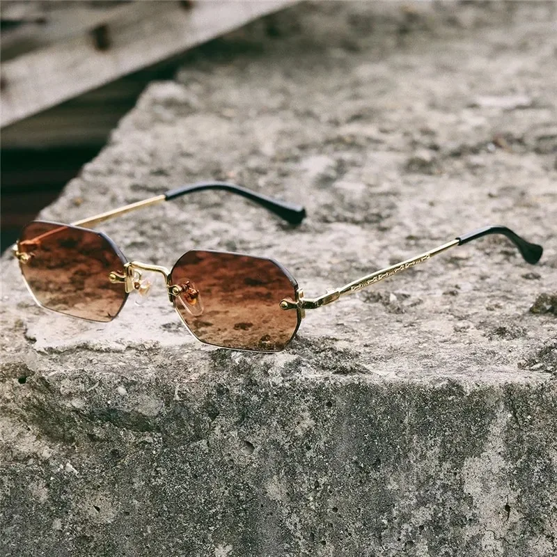 Vintage Rimless Polygon Sunglasses Women Men Brand Designer Popular Travel Small Frame Sun Glasses Ladies UV400 Oculos De Sol