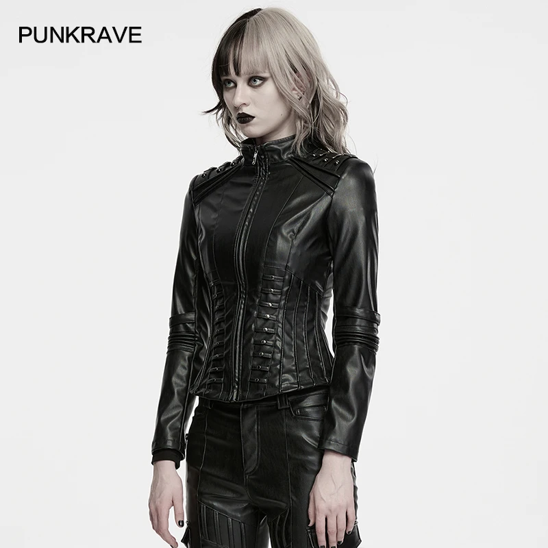 PUNK RAVE Women's Cyberpunk Faux Leather Jacket Hardcore Punk Texture Stand Collar 3D Striped Fitted Waist Party Club Coat