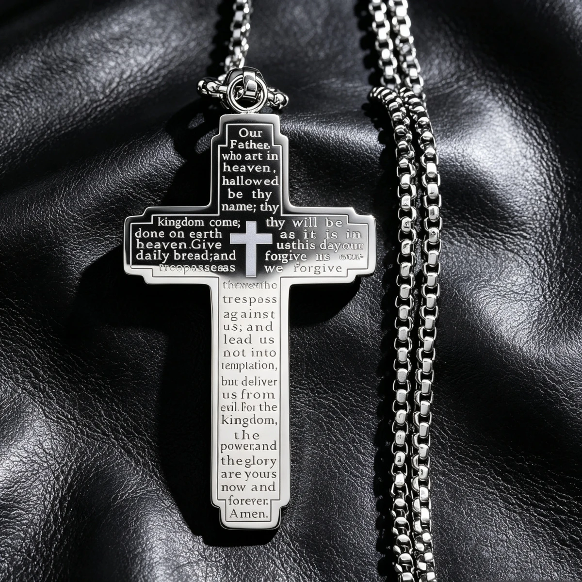 Men Lord's Prayer Cross Necklace, Silver 316L Stainless Steel Engraved Our Father Bible Verse Pendant Religious Jewelry Gift