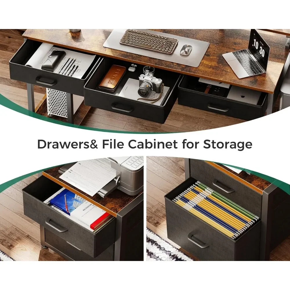 Computer Desk with File Drawer, Reversible Office Desk with 4 Drawers & Power Outlet,LED Strip,Home Office Desk w/ Monitor Shelf