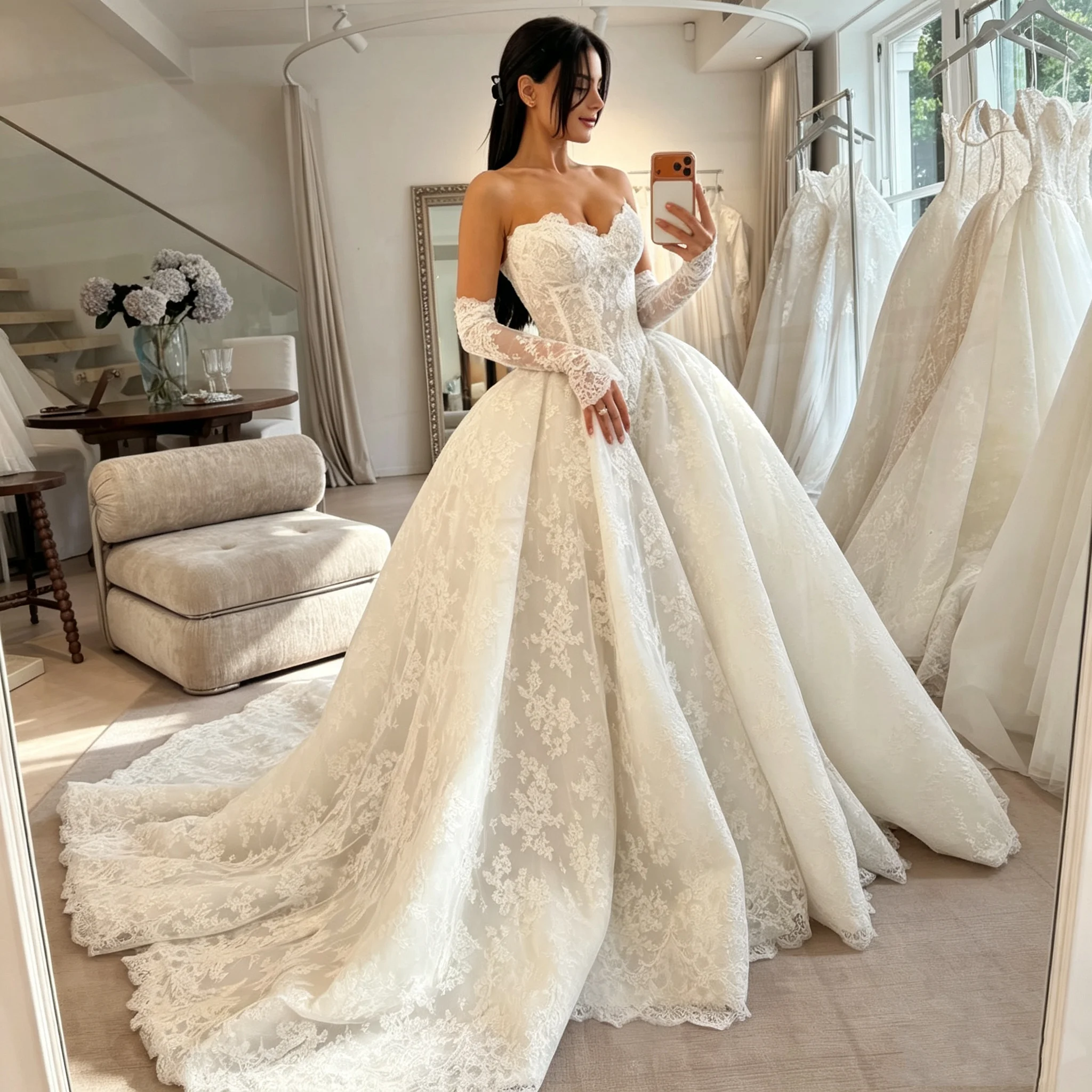 Sweetheart Lace Corset Ball Dress Wedding Dress with Long Lace Gloves Church Training Strapless Bridal Dress Customization