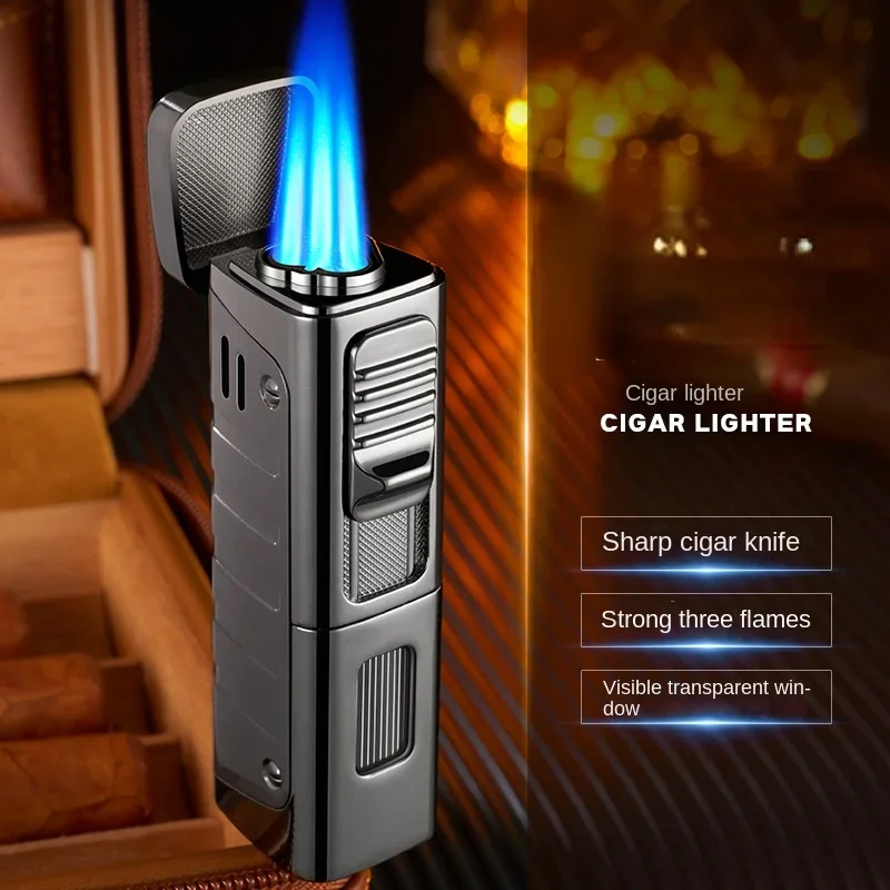 Metal Cigar Jet Lighter Blue Flame 3 Jet Torch Gas Butane Lighter Visible Gas Chamber Accessories Men\'s Lighter Gift