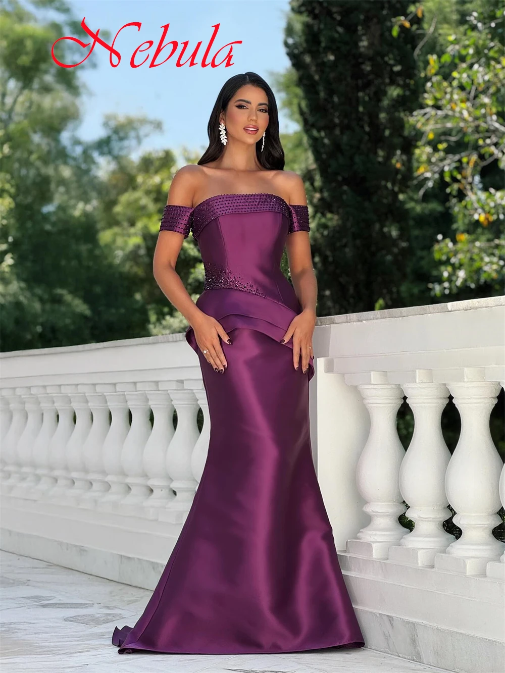 

Customized Exquisite Purple Satin Evening Dress Temperament Strapless Cap Sleeve Homecoming Dress Delicate Celebrity Gowns