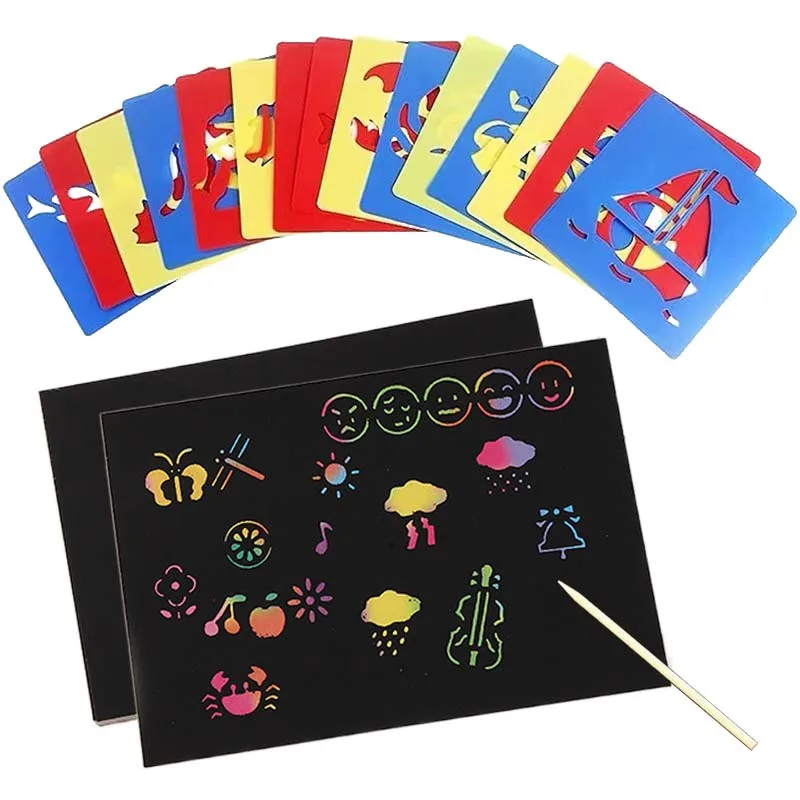

10PCS Magic Color Rainbow Scratch Art Paper Card Set with 6pcs Hollow Template For DIY Art Painting Tools Classroom Supplies TMZ