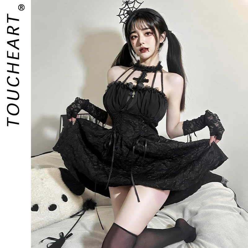 

Toucheart Halloween Sexy Cosplay Little Devil Dress Uniform Set Slim Backless Black Ruched Bodycon Dress Interesting Dress Set