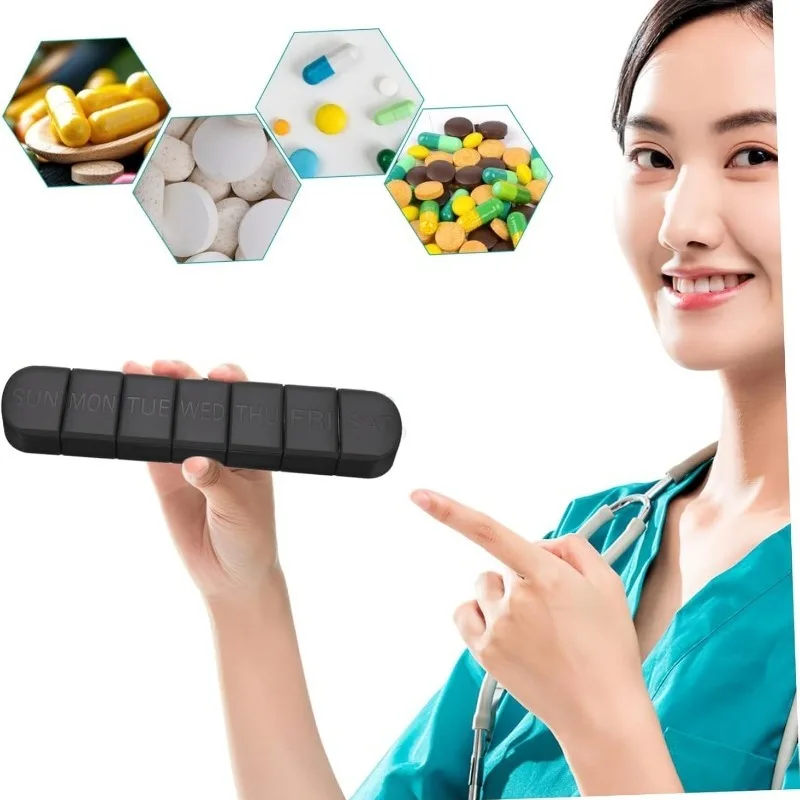Transparent frosted seven-day compartmentalized medicine box. The week markings are clear and three-dimensional, with a sealed d