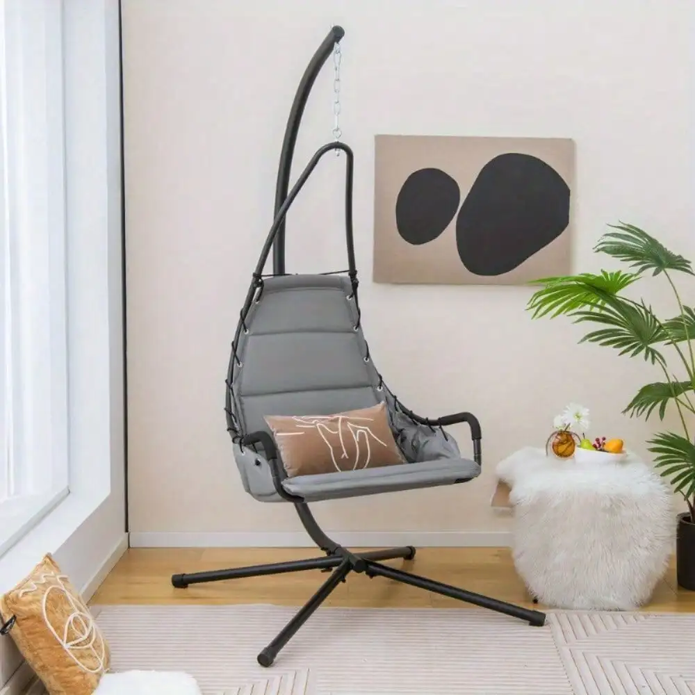 Swing Chair w/Stand Extra-wide and Cushioned Seat Outdoor Indoor Hanging Chair