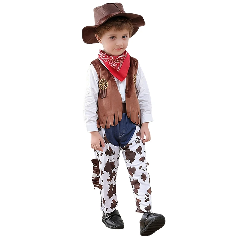 4PCS Cowboy Dress Up Outfits Baby Boys Easter Cosplay Clothes Vest+Scarf+Long Pants+Hats Carnival Party Costume Boy Holiday Gift image 4