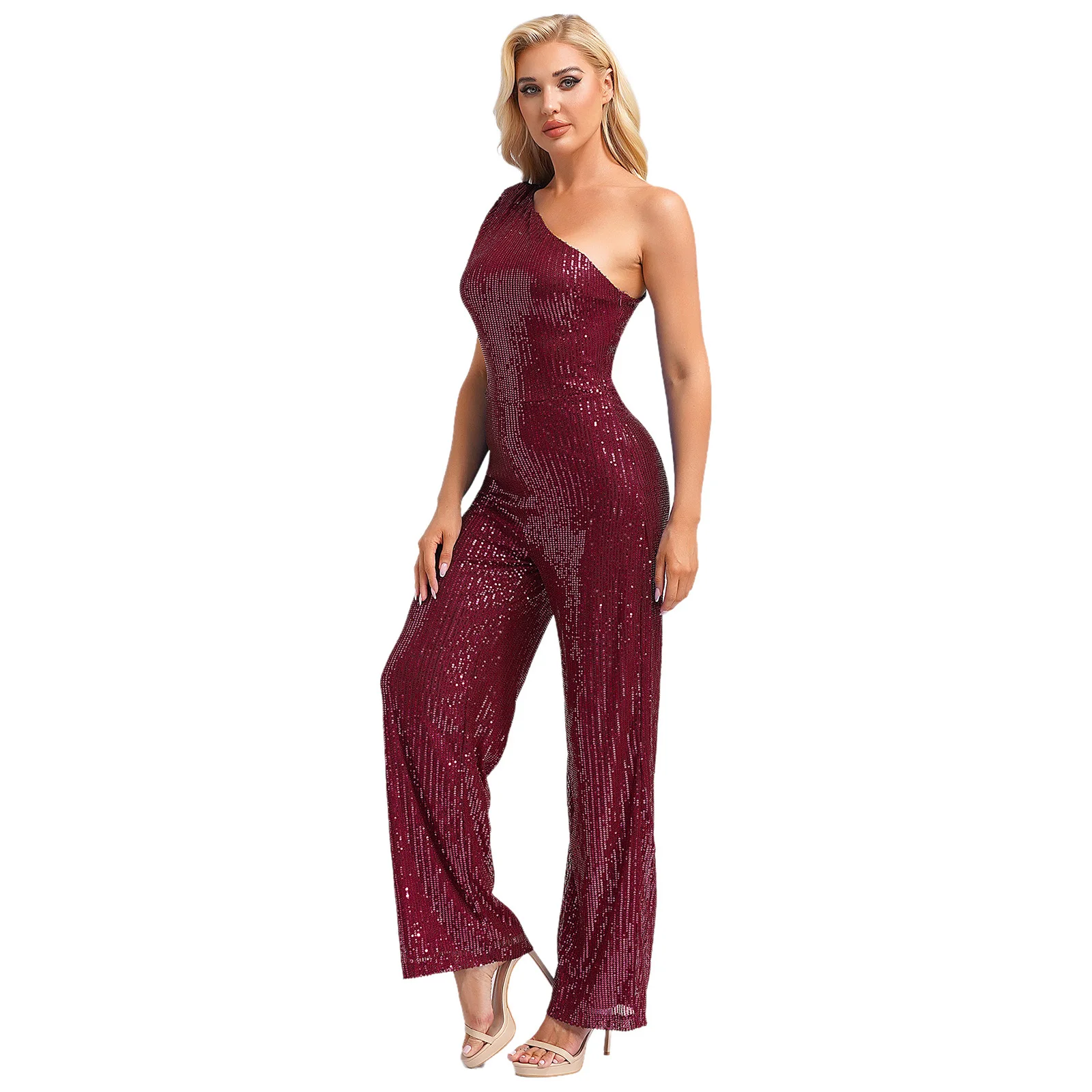 Women Girls One Shoulder Sequin Casual Straight Leg Pants Street Wear One-Piece Outfits Sleeveless Party Formal Romper Playsuit