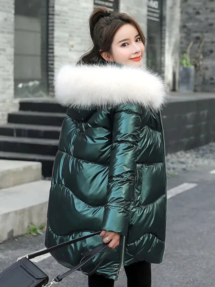

New 2023 Women Jacket Winter Parkas Long Coat Fur Collar Hooded Glossy Overcoat Female Cotton Padded Parka Waterproof Outwear