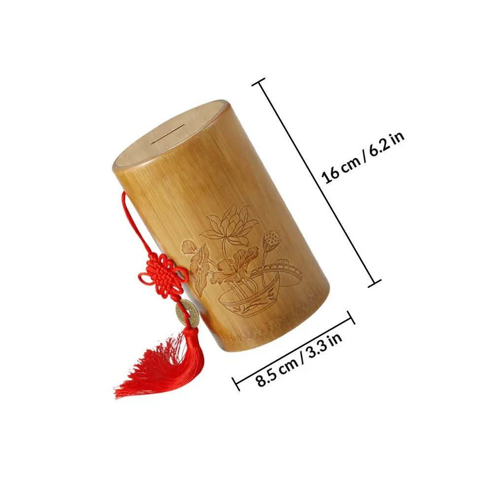Chinese Style Bamboo Piggy Bank Cylinder Coin Container for Adults Money Saving Jar Desktop Ornament Living Room Study