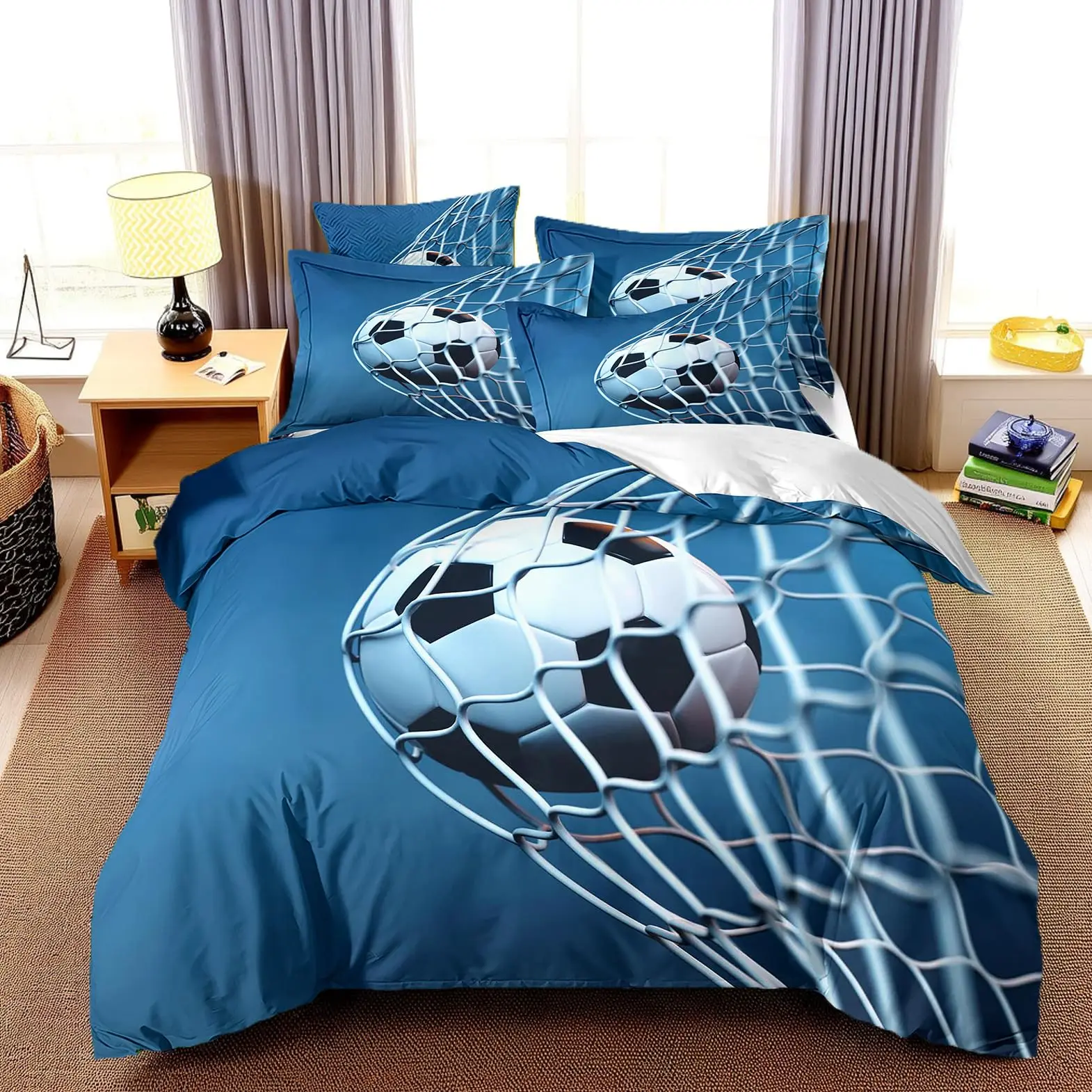 3D Soccer Duvet Cover Set Boys Football Bedding Set Ball Sport Theme Comforter Cover Polyester Geometric Hexagon Bedspread Cover