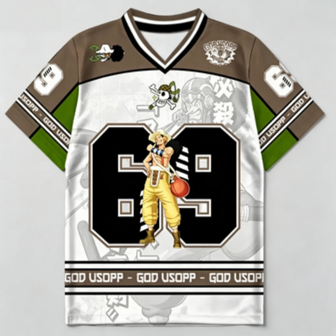 One Piece Wusop Brown and White Contrast V-neck Breathable Mesh Pirate Skull Pattern Printed Sports and Leisure Loose Shirt