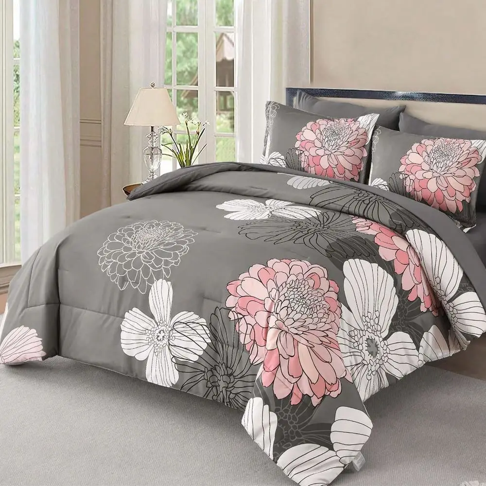 7pcs Comforter Sets Black Grey Floral Pattern Printed Queen King Size , Soft Microfiber Bed In A Bag 1 Comforter, 2 Pillow Sham