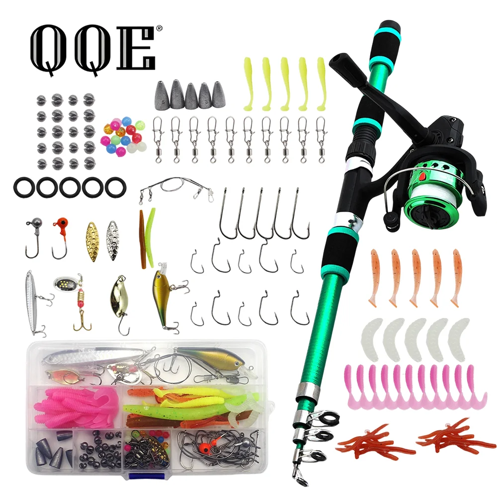 QQE New 1.8M Telescopic Fishing Rod Set, 115Pcs Full Fishing Kit with Baits & Hooks, Portable Travel Outdoor Freshwater Fishing