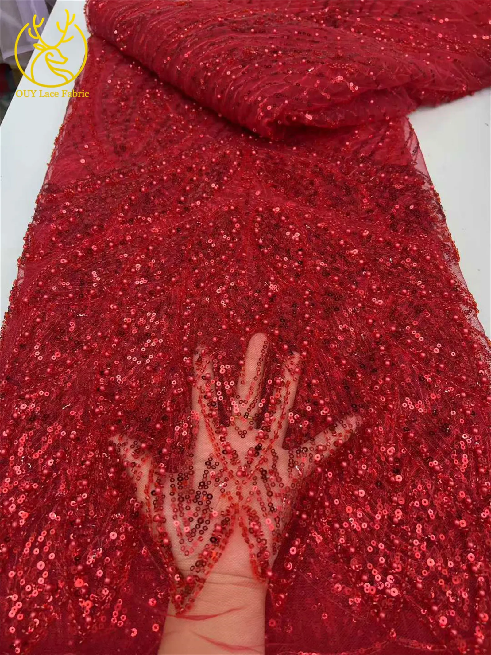 Hot Selling African Beaded Tulle Lace Fabric 5 Yards Fashion French Nigerian Sequins Mesh For Ladies Party Wedding Dress Fabrics