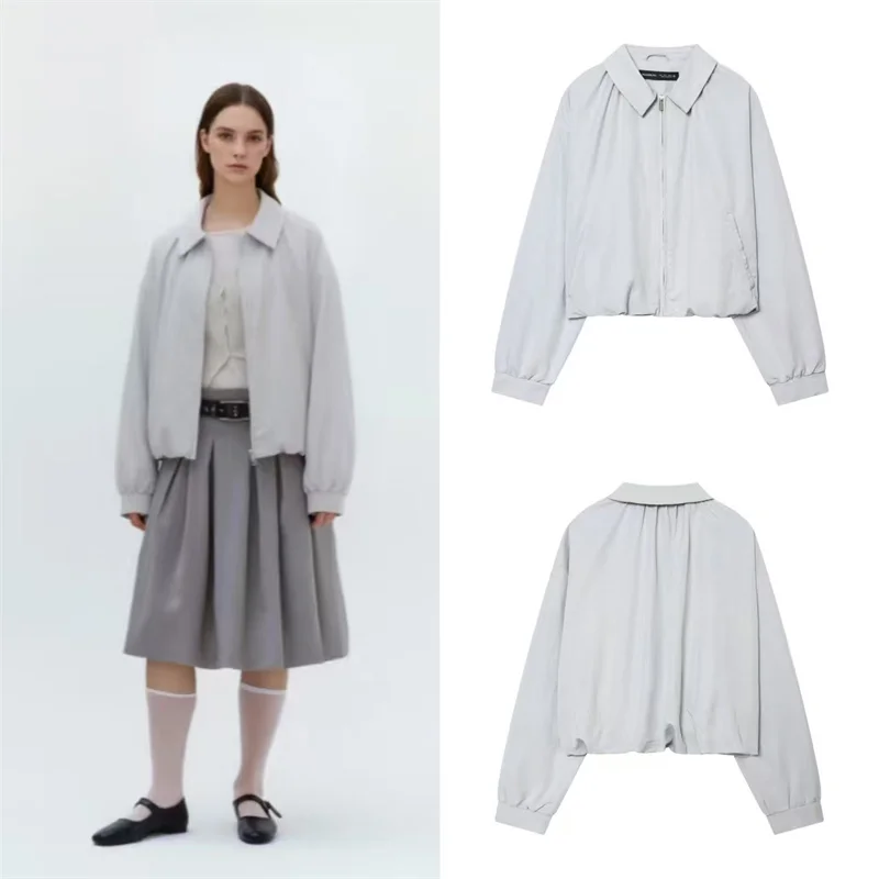

2026 Women's Balloon Style Pilot Jacket Casual Loose Long Sleeve Coat Gray