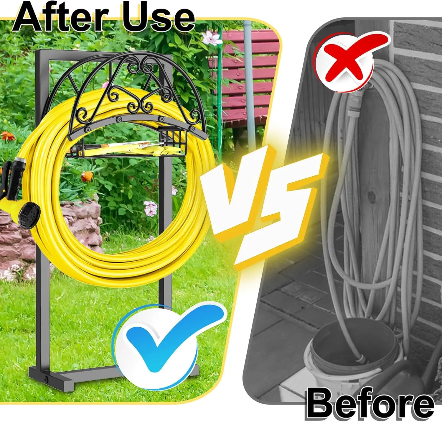 Suporte de mangueira de jardim resistente com cesta de armazenamento, suporte autônomo contém mangueira de 150 pés para quintal de gramado
