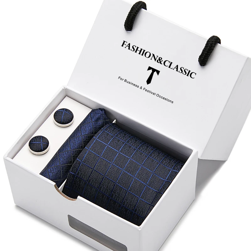 Hochwertiges 7,5 cm schwarzes, solides Herren-Krawatten-Taschentuch-Manschettenknöpfe-Set für Männer, Hochzeitskrawatten, Gravatas in Geschenkbox – Detail 8
